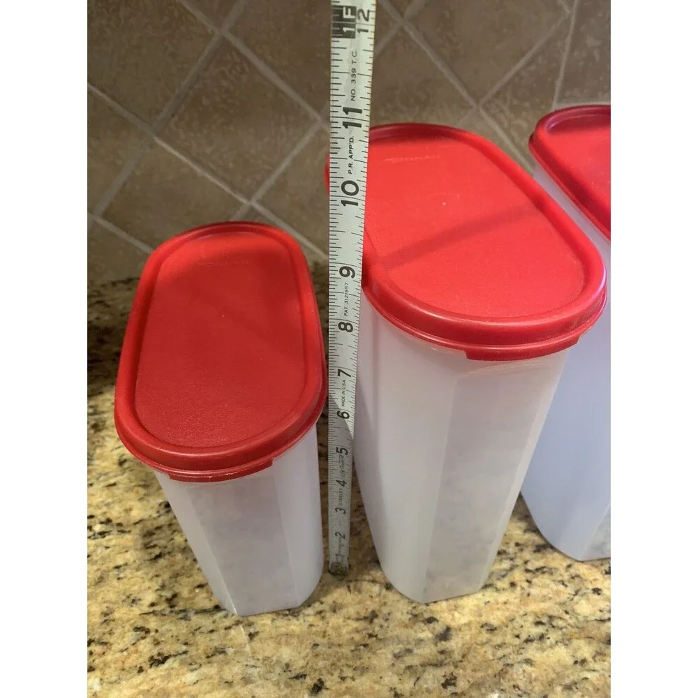 3 Tupperware Oval Modular Mates  (2) 1614, (1) 1613 Red Lids & 2 Rocker Scoops